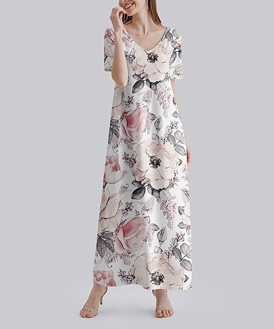 Best deal ๐ Nanu | White & Pink Floral V-Neck Short-Sleeve Maxi ๐ Dress - Plus ๐