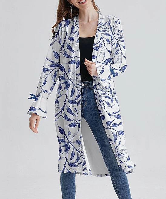 Outlet ๐ Nanu | White & Blue Leaves Ruffle-Sleeve Open Cardigan - ๐ฉ Women ๐งจ