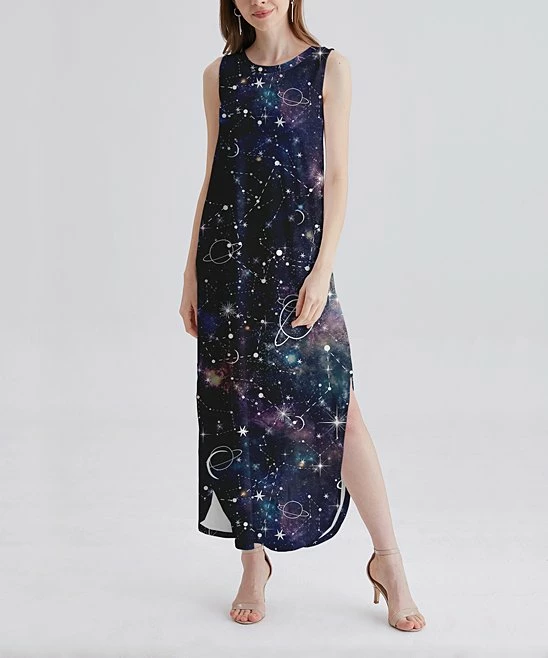 Best Pirce 🎁 Nanu | Black & Blue Outer Space Sleeveless Curved-Hem Maxi 👗 Dress - 👩 Women & Plus 🤩
