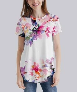 Top 10 โ๏ธ Nanu | White & Purple Floral Curved-Hem Tee - ๐ฉ Women ๐