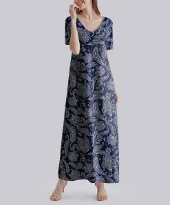 New ✔️ Nanu | Navy Paisley V-Neck Short Sleeve Maxi 👗 Dress - Plus 😍
