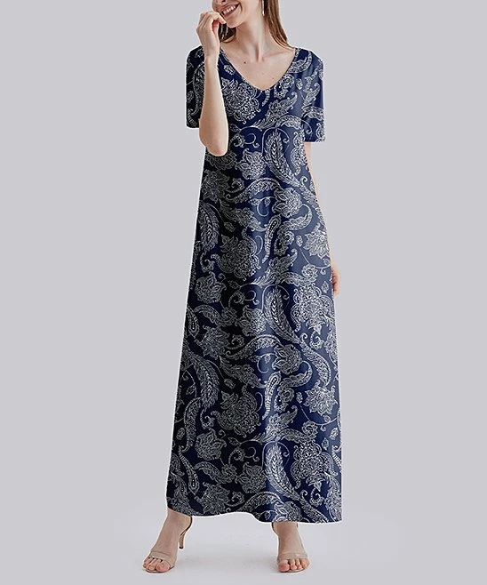 New โ๏ธ Nanu | Navy Paisley V-Neck Short Sleeve Maxi ๐ Dress - Plus ๐