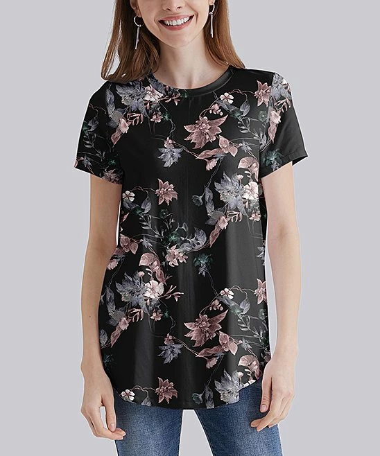 Hot Sale ๐ Nanu | Black & Pink Floral Curved-Hem Tee - ๐ฉ Women ๐