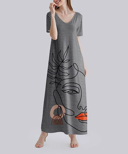 Outlet ๐ฅ Nanu | Heather Gray ๐ฉ Woman V-Neck Short-Sleeve Maxi ๐ Dress - ๐ฉ Women & Plus ๐งจ