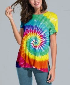 Brand new 🛒 Nanu | Yellow & Green Tie-Dye Swirl Slit-Sleeve Split-Hem Tunic - 👩 Women 🧨