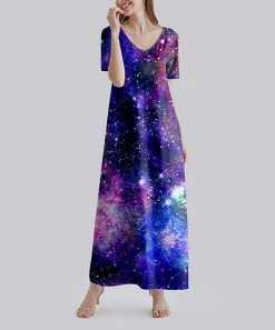 Best Pirce ⭐ Nanu | Dark Blue Starry Sky V-Neck Short-Sleeve Maxi 👗 Dress - 👩 Women & Plus 😍
