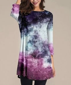 New 🛒 Nanu | White & Purple Starry Sky Three-Quarter Sleeve Tunic - 👩 Women & Plus 🎁