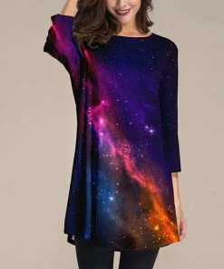 Cheapest 🛒 Nanu | Dark Blue & Purple Starry Sky Three-Quarter Sleeve Tunic - 👩 Women & Plus 🌟