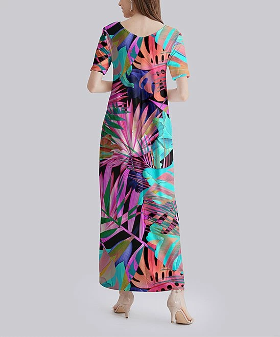 Cheap ๐ Nanu | Pink & Mint Palm Leaves V-Neck Short-Sleeve Maxi ๐ Dress - ๐ฉ Women ๐ - Image 2