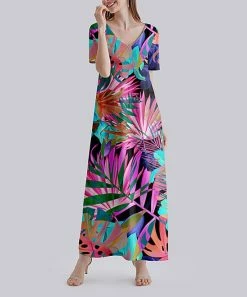 Cheap 🛒 Nanu | Pink & Mint Palm Leaves V-Neck Short-Sleeve Maxi 👗 Dress - 👩 Women 😍