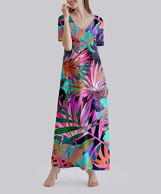 Cheap ๐ Nanu | Pink & Mint Palm Leaves V-Neck Short-Sleeve Maxi ๐ Dress - ๐ฉ Women ๐