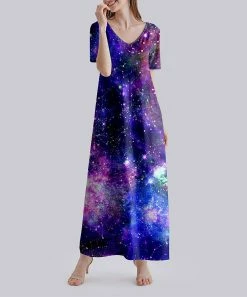 Outlet ๐ Nanu | Dark Blue Starry Sky V-Neck Short-Sleeve Maxi ๐ Dress - ๐ฉ Women & Plus โ๏ธ