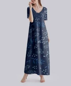 Budget 🔔 Nanu | Dark & Pale Blue Leaves V-Neck Short-Sleeve Maxi 👗 Dress - Plus 🎁