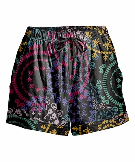 Deals ๐ Nanu | Black & Pink Colorful Mandalas Drawstring Pocket Cuffed-Hem Shorts - Plus ๐คฉ