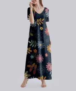 Hot Sale 👍 Nanu | Dark Blue & Orange Floral V-Neck Short-Sleeve Maxi 👗 Dress - Plus 😍
