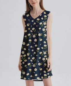 Best Sale 🎉 Nanu | Dark Blue & Green Floral V-Neck Sleeveless 👗 Dress - 👩 Women ✔️