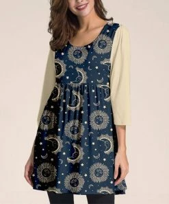 Deals 😍 Nanu | Navy & Beige Celestial Three-Quarter Sleeve Empire-Waist Tunic - 👩 Women & Plus 🧨