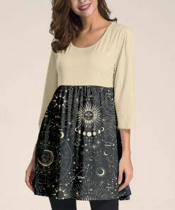 Hot Sale 😉 Nanu | Gray & Beige Celestial Three-Quarter Sleeve Empire-Waist Tunic - 👩 Women & Plus 🎁