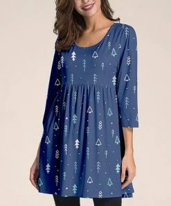 Hot Sale 🧨 Nanu | Dark Blue & White Trees Three-Quarter Sleeve Empire-Waist Tunic - 👩 Women ⌛