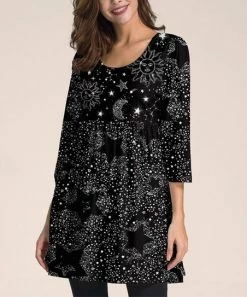 Wholesale 🔥 Nanu | Black & White Stars Three-Quarter Sleeve Empire-Waist Tunic - 👩 Women & Plus 🤩