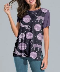 Hot Sale ✔️ Nanu | Purple Leopard & Moon Slit-Sleeve Split-Hem Tunic - 👩 Women & Plus ⭐