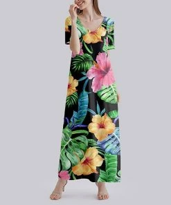 Discount 🧨 Nanu | Black & Pink Tropical Floral V-Neck Short-Sleeve Maxi 👗 Dress - Plus 🥰