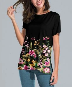 Best deal 🎁 Nanu | Black & Pink Floral Slit-Sleeve Split-Hem Tunic - 👩 Women 🎉