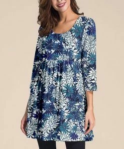 New 👍 Nanu | Blue & Turquoise Floral Three-Quarter Sleeve Empire-Waist Tunic - 👩 Women 🛒