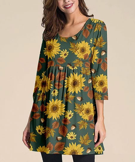 Hot Sale โ Nanu | Yellow Floral Three-Quarter Sleeve Empire-Waist Tunic - ๐ฉ Women ๐