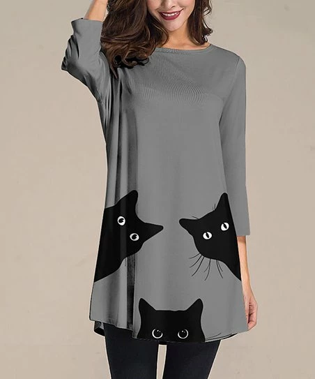 Discount ๐งจ Nanu | Gray & Black Cats Three-Quarter Sleeve Tunic - Plus ๐