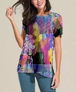 Cheap ⌛ Nanu | Pink Watercolor Floral Slit-Sleeve Split-Hem Tunic - 👩 Women & Plus 😀