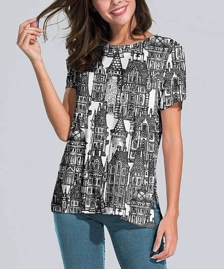 Top 10 🔥 Nanu | Black & White Buildings Slit-Sleeve Split-Hem Tunic - Plus 🥰