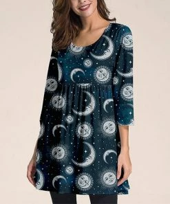 Hot Sale 😍 Nanu | Navy Moon & Sun Three-Quarter Sleeve Empire-Waist Tunic - 👩 Women & Plus 🌟