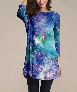 Promo 🔔 Nanu | Dark Blue & Starry Space Three-Quarter Sleeve Tunic - 👩 Women & Plus 💯