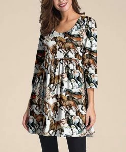 Cheap 😉 Nanu | White & Brown Horses Three-Quarter Sleeve Empire-Waist Tunic - 👩 Women 🌟