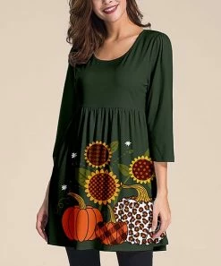 Cheapest 🎉 Nanu | Dark Green Floral Pumpkin Three-Quarter Sleeve Empire-Waist Tunic - Plus ⌛