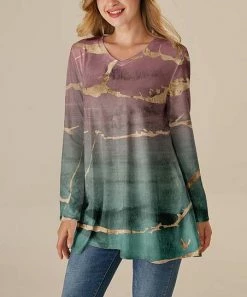 Promo 🌟 Nanu | Green & Mauve Abstract V-Neck Long-Sleeve Tunic - 👩 Women & Plus 👏