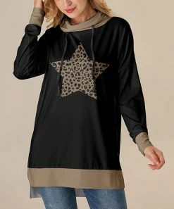 Promo ❤️ Nanu | Black & Taupe Leopard Star Cowl Neck Hi-Low Tunic - 👩 Women & Plus 🧨