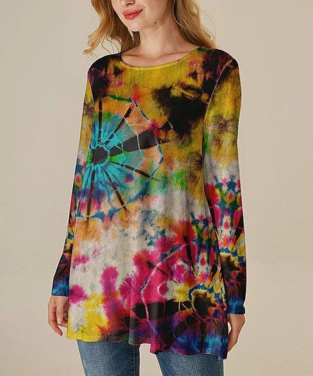 Discount โ Nanu | Yellow & Blue Tie-Dye Scoop Neck Long-Sleeve Tunic - ๐ฉ Women & Plus โญ