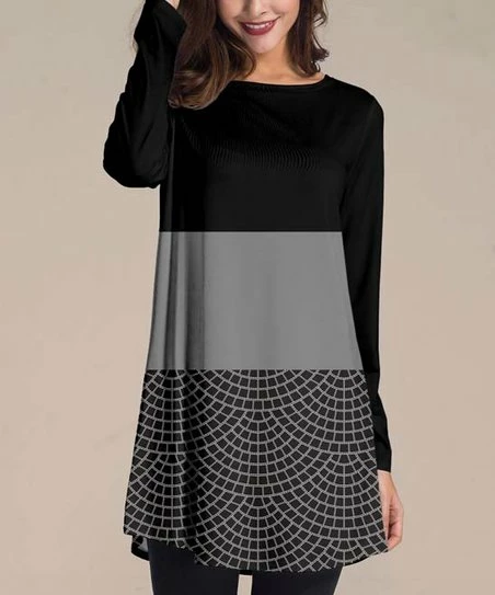 Flash Sale ๐ Nanu | Black & Gray Curves Color Block Long-Sleeve Tunic - Plus ๐ฏ