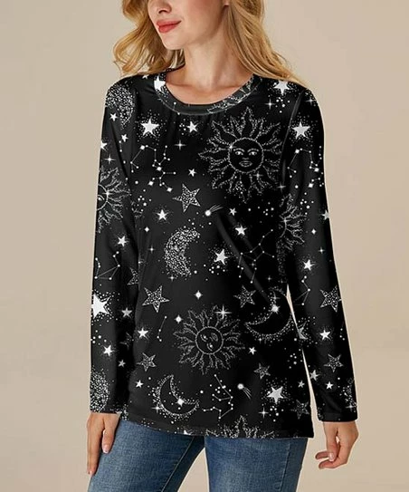 Best deal โจ Nanu | Black & White Stars Scoop Neck Long-Sleeve Tee - ๐ฉ Women & Plus ๐ฏ