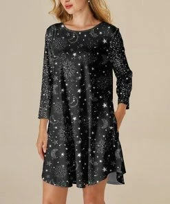 Cheap 🤩 Nanu | Black & White Star & Moon Three-Quarter Sleeve Pocket Shift 👗 Dress - 👩 Women & Plus 🔥