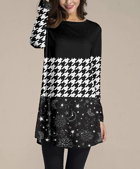 Discount โจ Nanu | Black & White Celestial Houndstooth Long-Sleeve Tunic - ๐ฉ Women & Plus ๐
