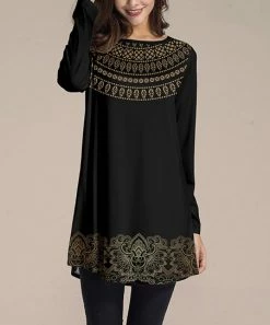 Discount ⭐ Nanu | Black & Gold Abstract Long-Sleeve Tunic - 👩 Women 😀