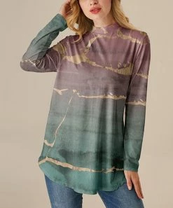 Promo 🔥 Nanu | Mauve & Teal Abstract Mock Neck Long-Sleeve Tee - 👩 Women ❤️