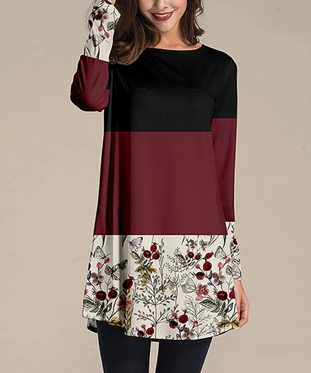 Brand new ๐ Nanu | Cream & Burgundy Floral Color Block Long-Sleeve Tunic - Plus ๐