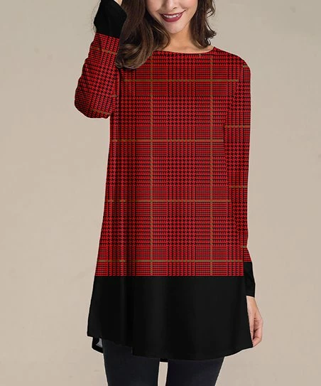 Deals ๐ Nanu | Red & Black Plaid Contrast-Hem Long-Sleeve Tunic - Plus โจ