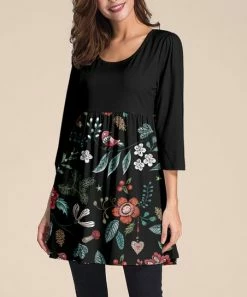 Wholesale 🔥 Nanu | Black Floral Three-Quarter Sleeve Empire-Waist Tunic - 👩 Women 🔔