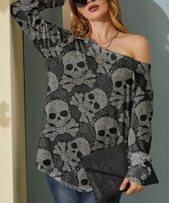 Promo 🧨 Nanu | Black & Gray Skulls Hacci Boatneck Dolman Pullover - Plus 🧨