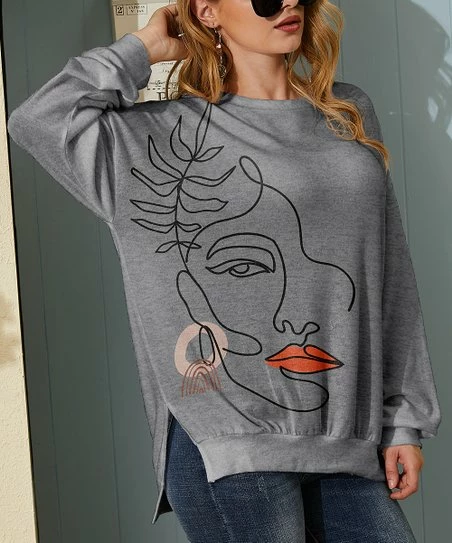 Buy ๐งจ Nanu | Dark Gray ๐ Lipstick Face Doodle Hacci Split-Hem Dolman Pullover - ๐ฉ Women & Plus ๐